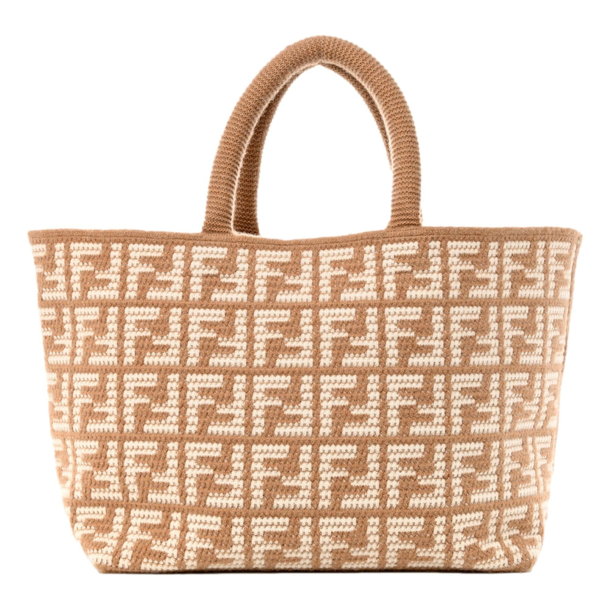 Fendi FF Cammello Beige Cashmere Knit Large Shopper Tote