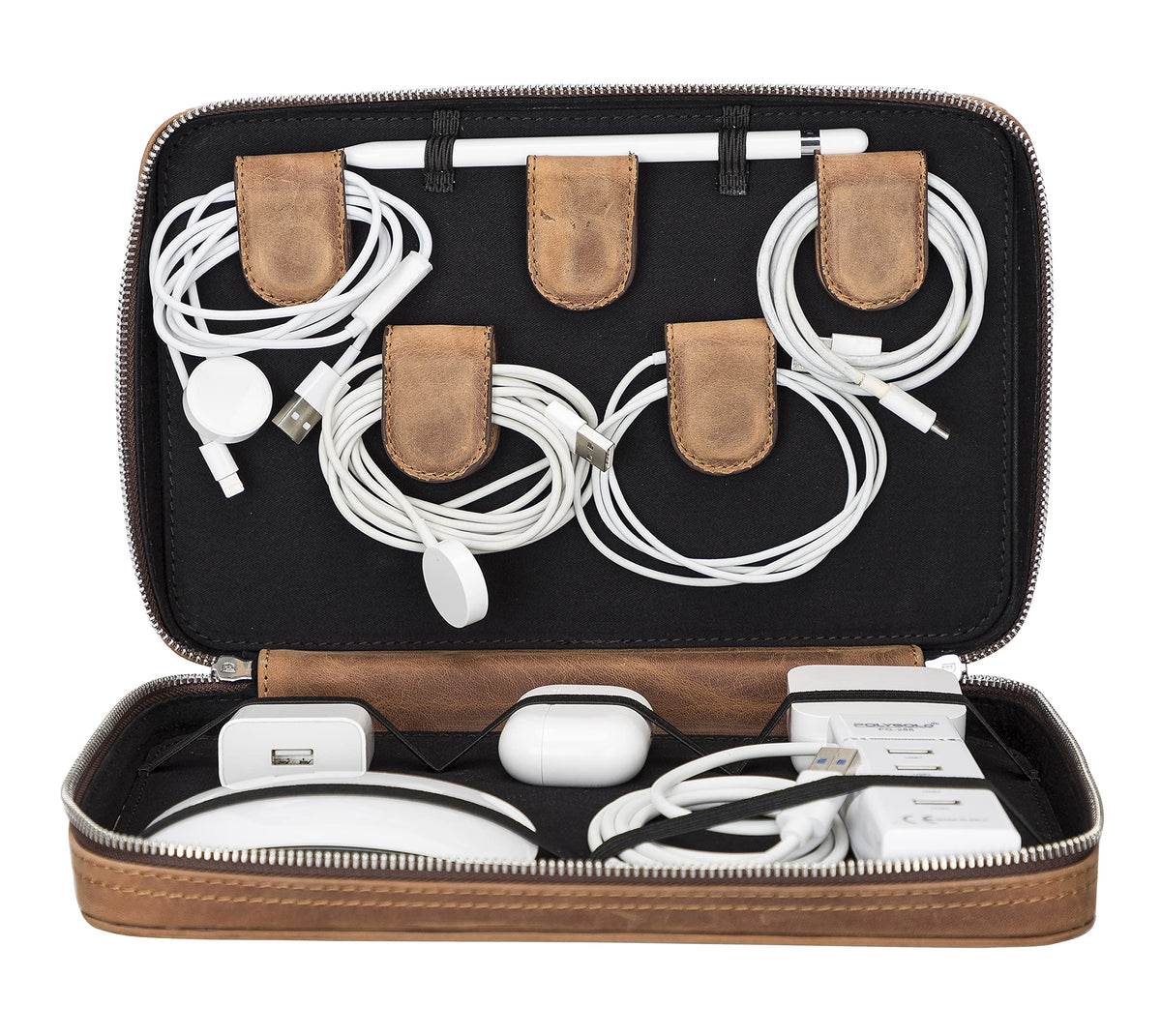Full-Grain Leather Travel Cable & Tech Organizer Pouch